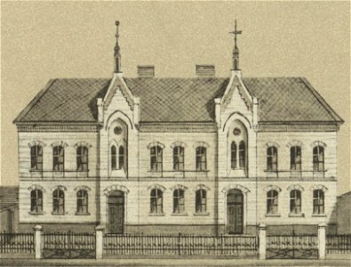 Ansichten preussischer Städte- Dobrilugk-Kirchhain. Die Schule in Kirchhain. Ehregott Zschille 1891 (Alter Fritz)