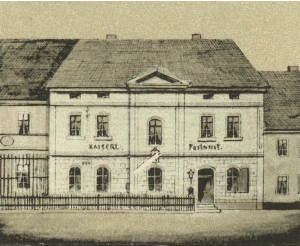 Ansichten preussischer Städte- Dobrilugk-Kirchhain. Das Kaiserl. Postamt in Dobrilugk. Ehregott Zschille 1891 (Alter Fritz)