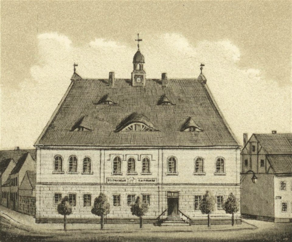 Ansichten preussischer Städte- Dobrilugk-Kirchhain. Das Rathaus zu Kirchhain. Ehregott Zschille 1891 (Alter Fritz)