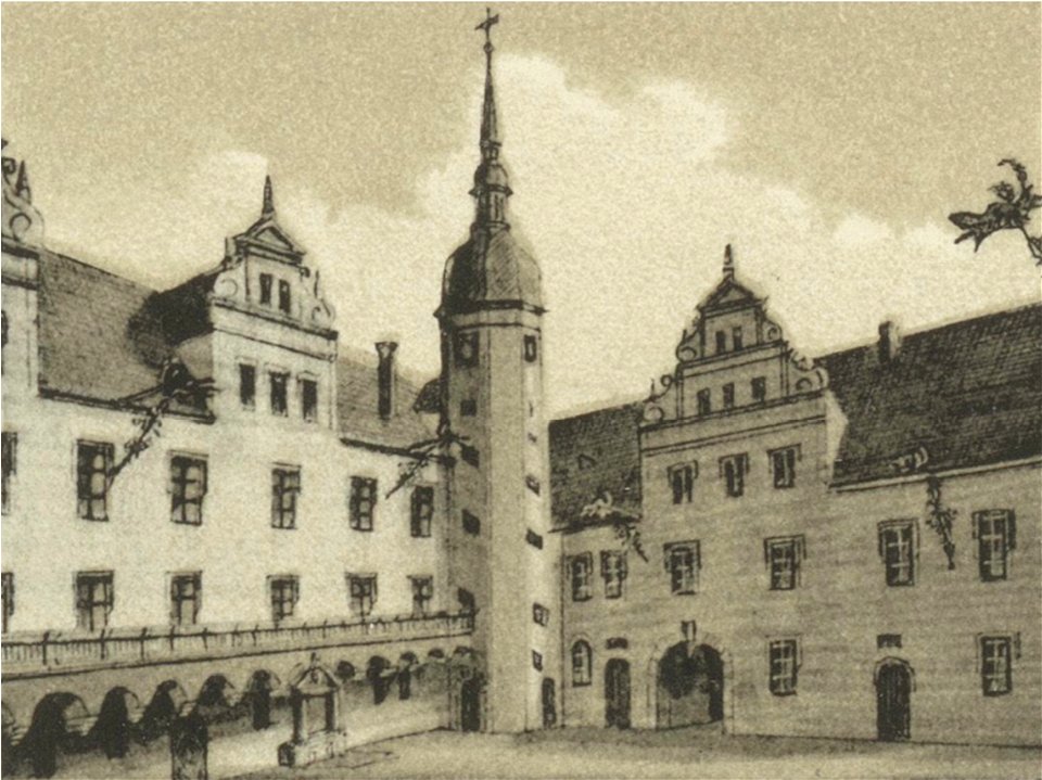 Ansichten preussischer Städte- Dobrilugk-Kirchhain. Der Hof des Schlosses zu Dobrilugk. Ehregott Zschille 1891 (Alter Fritz)
