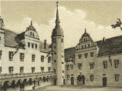 Ansichten preussischer Städte- Dobrilugk-Kirchhain. Der Hof des Schlosses zu Dobrilugk. Ehregott Zschille 1891 (Alter Fritz)