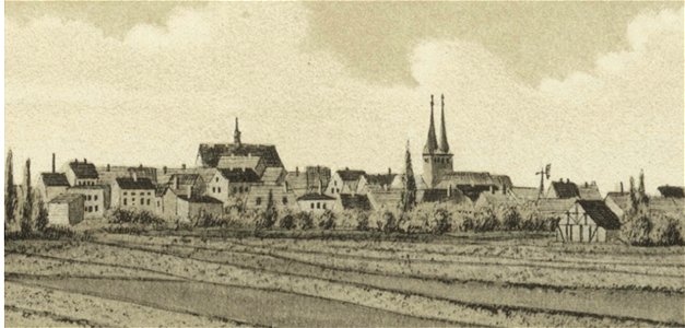 Ansichten preussischer Städte- Dobrilugk-Kirchhain. Kirchhain N.-L., Ausschnitt Markt. Ehregott Zschille 1891 (Alter Fritz)