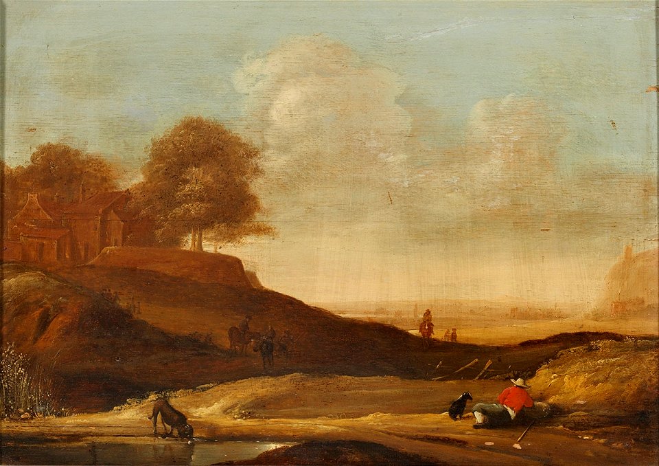 Anthonie van Borssom (attr) Hügelige Landschaft mit Figuren