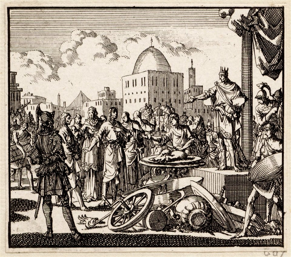 Antiochus Epiphanes probeert een moeder en 7 zonen over te halen om zwijnevlees te eten, objectnr A 48231