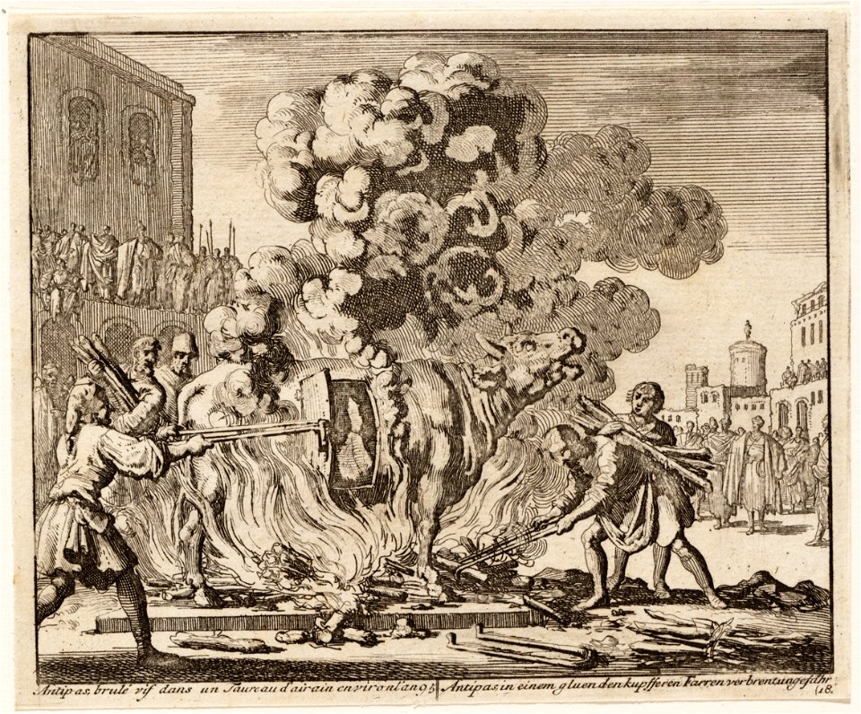 Antipas in een koperen stier verbrand, objectnr A 41853