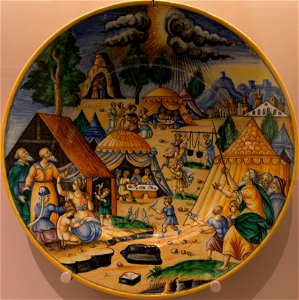 Antoine Conrade ou Nicolas Estienne - Plat - La pluie de cailles dans le désert (majolique, 1640-1645, Nevers ou Lyon)