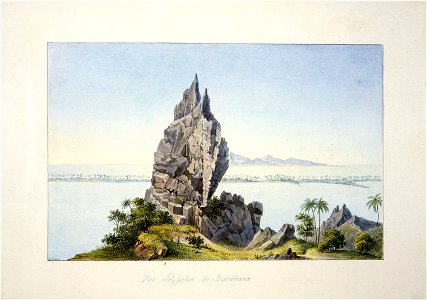 Antoine Chazal, Vue du piton de Borabora (after a drawing by Jules le Jeune, Society Islands, 1826). Free illustration for personal and commercial use.
