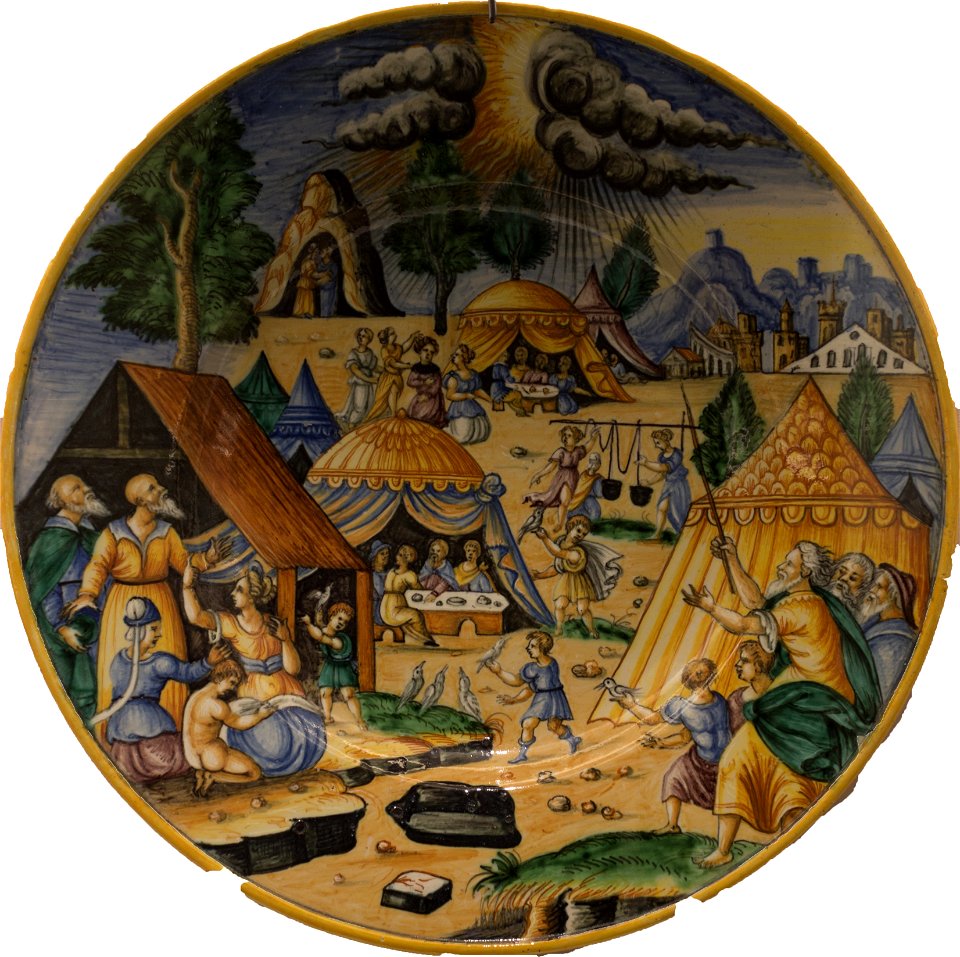 Antoine Conrade ou Nicolas Estienne - Plat - La pluie de cailles dans le désert (majolique, 1640-1645, Nevers ou Lyon) - détouré