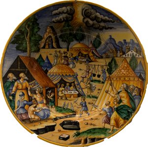 Antoine Conrade ou Nicolas Estienne - Plat - La pluie de cailles dans le désert (majolique, 1640-1645, Nevers ou Lyon) - détouré