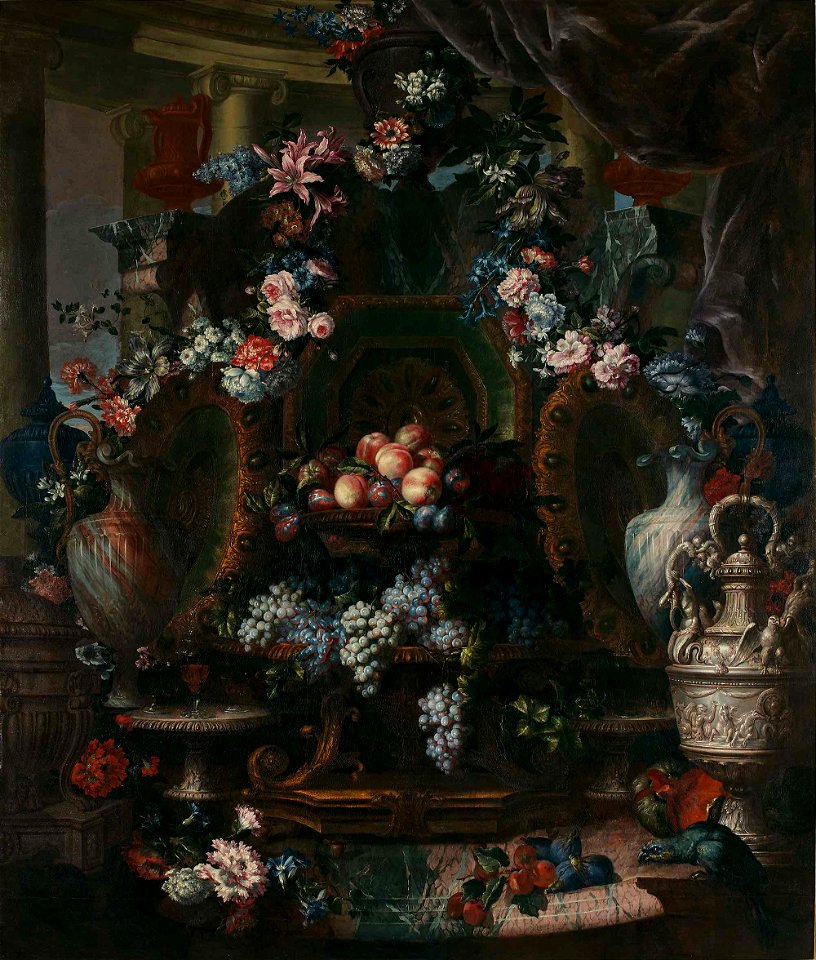 Antoine Monnoyer - Nature morte aux pièces d’orfèvrerie, plats de raisin et de pêches, guirlandes et fleurs