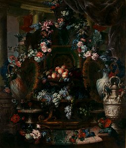Antoine Monnoyer - Nature morte aux pièces d’orfèvrerie, plats de raisin et de pêches, guirlandes et fleurs