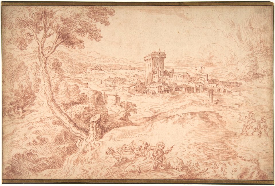 Antoine Watteau - Landscape with an Old Woman Holding a Spindle, after Domenico Campagnola