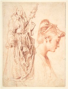 Antoine Watteau - Standing Woman Holding a Spindle, and Head of a Woman in Profile to Right. Free illustration for personal and commercial use.