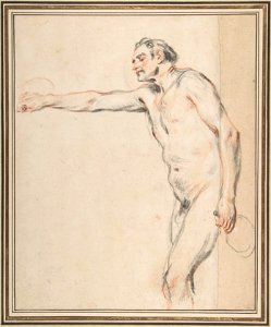 Antoine Watteau - Study of a Nude Man Holding Bottles. Free illustration for personal and commercial use.