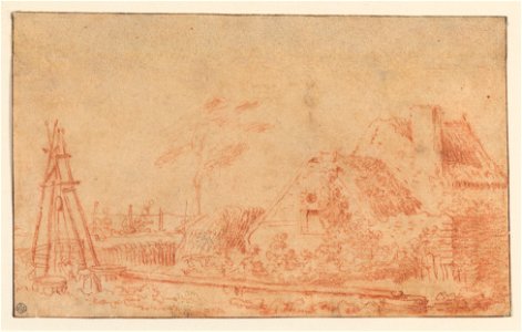 Antoine Watteau - Landscape with a Cottage and Well. Free illustration for personal and commercial use.