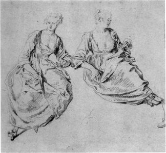 Antoine Watteau, Studies of a Seated Woman, red chalk, Rosenberg and Prat 162. Free illustration for personal and commercial use.