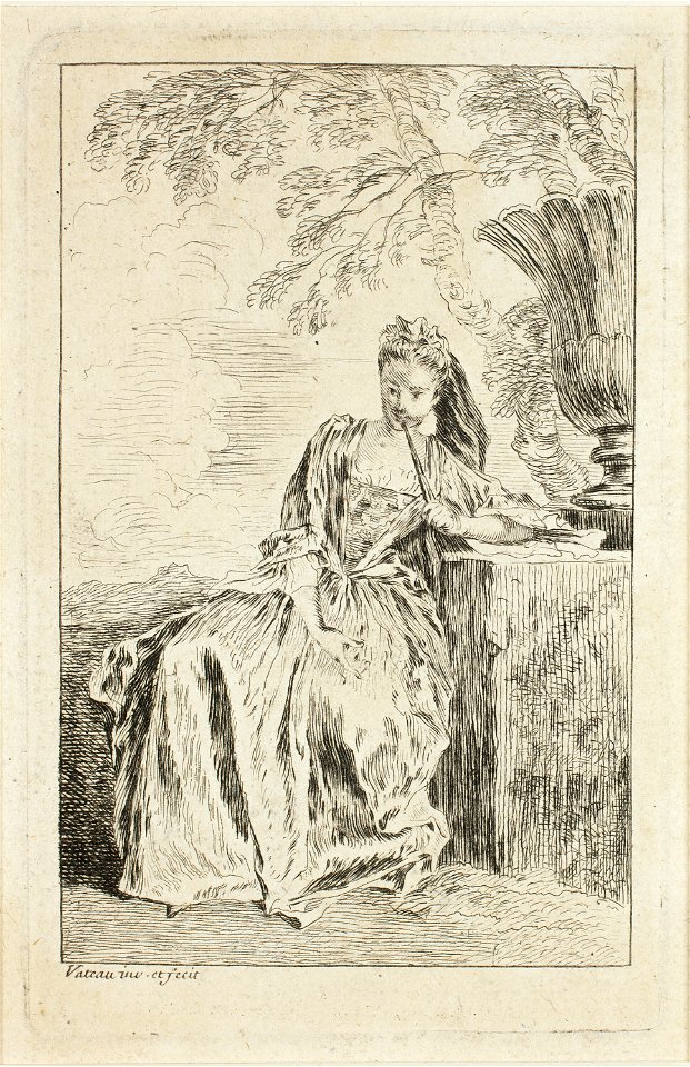 Antoine Watteau, Seated Woman, Leaning on a Pedestal