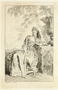 Antoine Watteau, Seated Woman, Leaning on a Pedestal. Free illustration for personal and commercial use.