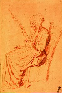 Antoine Watteau, Vieille femme avec une quenouille (années 1710). Free illustration for personal and commercial use.