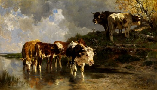 Anton Braith Rinder an der Tränke 1883