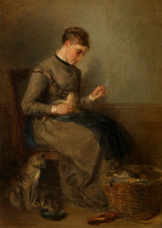 Anton Burger (1824-1905) - Female Playing with a Cat, an Interior - RCIN 403629 - Royal Collection