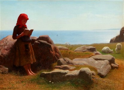 Anton Dorph - Sommer landskab med en pige, der læser, mens fårene græsser. Free illustration for personal and commercial use.