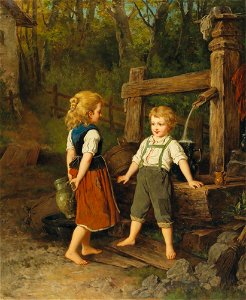 Anton Ebert (attr.) - Children at the Well. Free illustration for personal and commercial use.