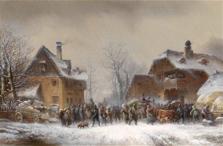 Anton Doll Reges Treiben in einem winterlich verschneiten Dorf