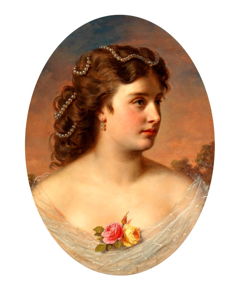 Anton Ebert Bildnis einer Dame mit Rosen am Dekolleté 1867