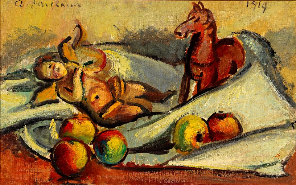 Anton Faistauer Stillleben mit Äpfeln, Putto und Pferdchen 1919