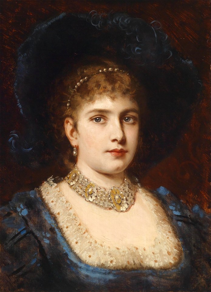Anton Ebert Dame in blauem Kleid mit Hut