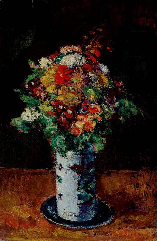 Anton Faistauer Blumenstrauß in Walzenkrug auf Teller