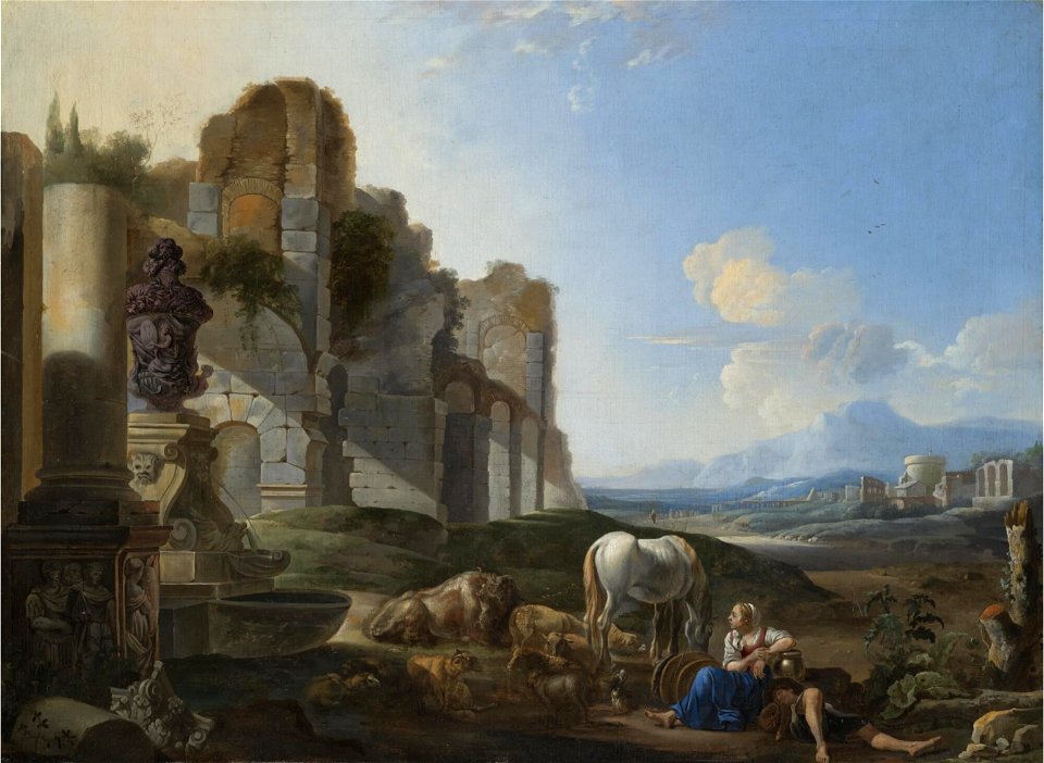 Anton Goubau - Italian Landscape with a Shepherdess and Ruins