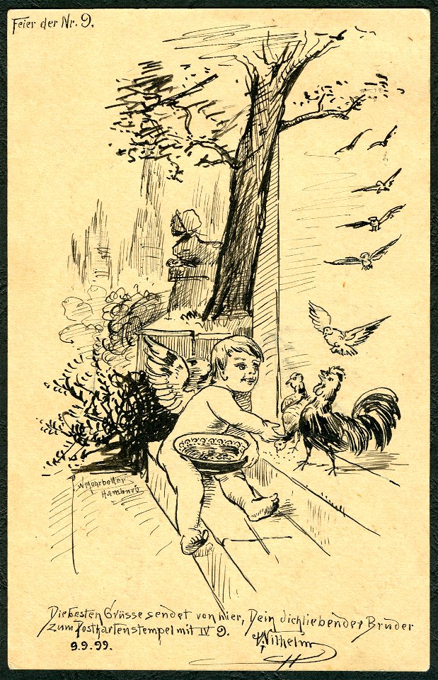 1899-09-09 handgezeichnete Postkarte Wilhelm Mohrbotter Feier der Nr. 9 aus Hamburg an Schwester Erna in Celle, Harburgerstr. No. 1, Bildseite
