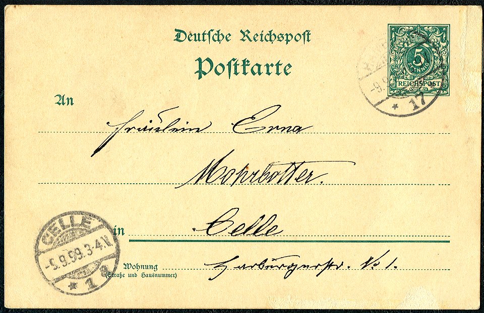 1899-09-09 handgezeichnete Postkarte Wilhelm Mohrbotter Feier der Nr. 9 aus Hamburg an Schwester Erna in Celle, Harburgerstr. No. 1, Adressseite mit Ankunftsstempel