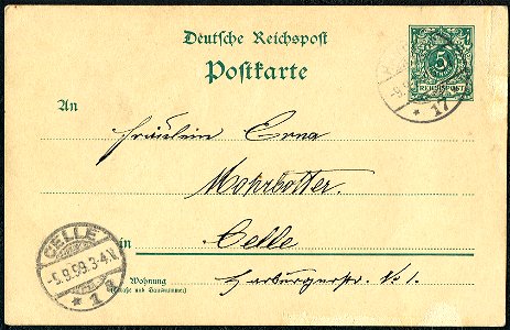 1899-09-09 handgezeichnete Postkarte Wilhelm Mohrbotter Feier der Nr. 9 aus Hamburg an Schwester Erna in Celle, Harburgerstr. No. 1, Adressseite mit Ankunftsstempel