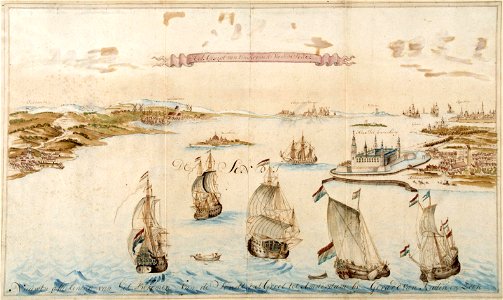 18e eeuws panorama van de Sont (Øresund-Öresund)(Van Keulen)