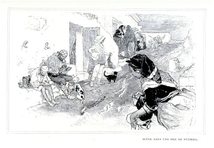 1901, Au pays de Don Quichotte, Scène dans une rue de Ruidera, Vierge. Free illustration for personal and commercial use.