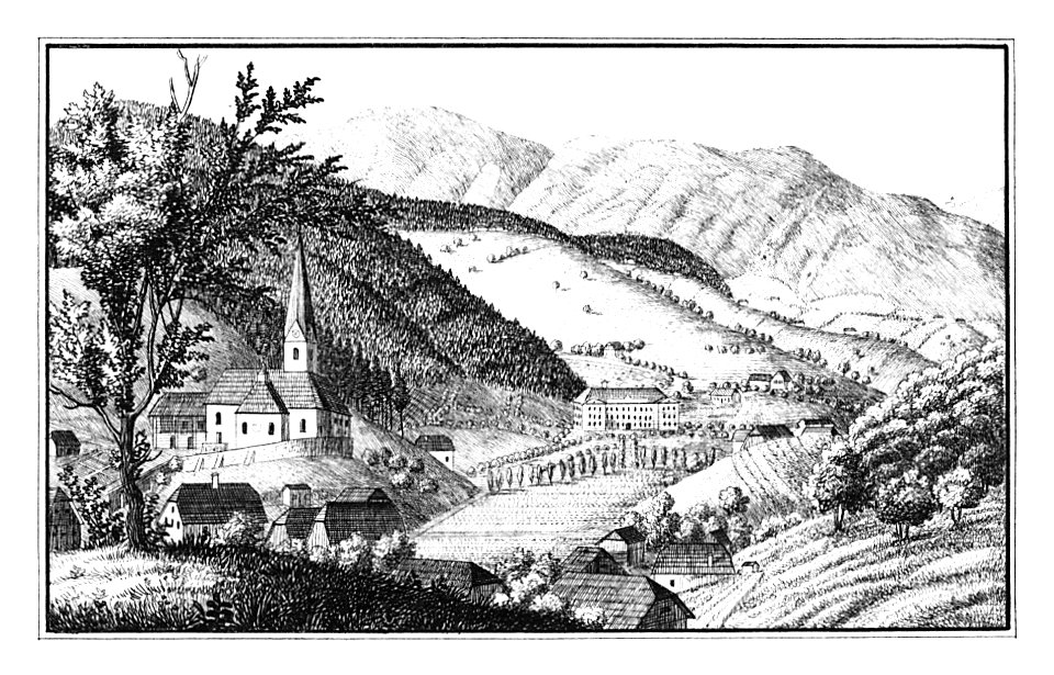 200 Das Neuhauserbad mit der Pfarrkirche Doberna, Dobernske toplice - J.F.Kaiser Lithografirte Ansichten der Steiermark 1830