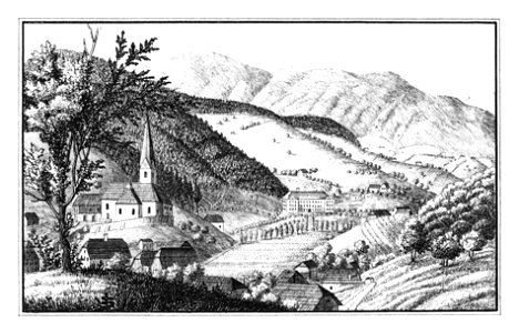 200 Das Neuhauserbad mit der Pfarrkirche Doberna, Dobernske toplice - J.F.Kaiser Lithografirte Ansichten der Steiermark 1830
