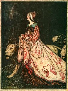 Arthur Rackham The Lady and the Lion. Free illustration for personal and commercial use.