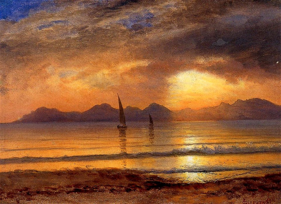 Bierstadt Albert Sunset over a Mountain Lake