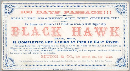BLACK HAWK Clipper ship sailing card HN002719aA. Free illustration for personal and commercial use.