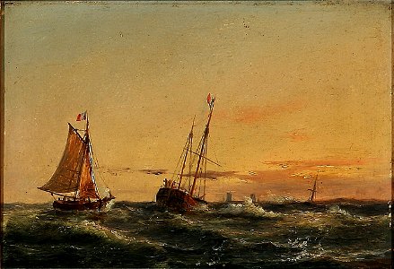C.F. Sørensen, Franske sejlskibe på havet i solnedgangen