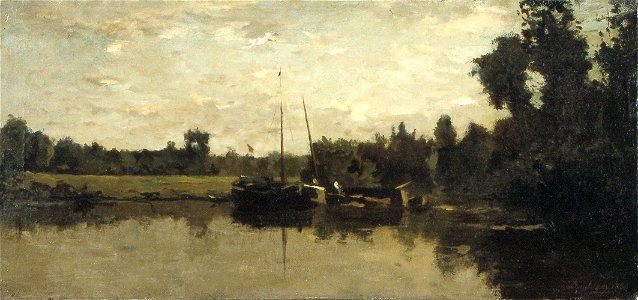 C.F. Daubigny - Landschap met schepen op een rivier in de avond - NK2908 - Cultural Heritage Agency of the Netherlands Art Collection