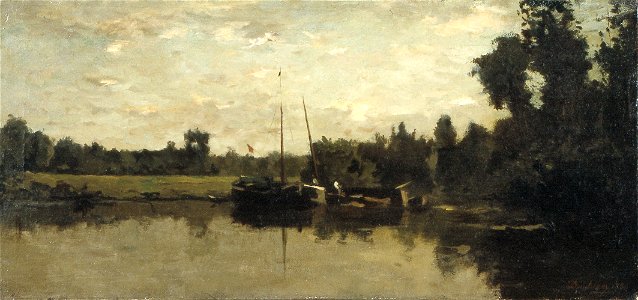 C.F. Daubigny - Landschap met schepen op een rivier in de avond - NK2908 - Cultural Heritage Agency of the Netherlands Art Collection. Free illustration for personal and commercial use.