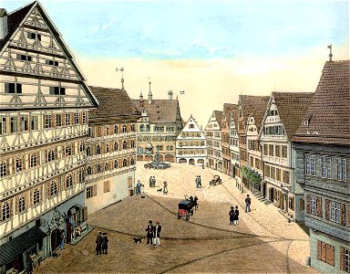C.F.Baumann - Marktplatz mit Rathaus kol.Lithographie ca.1840 (3241)