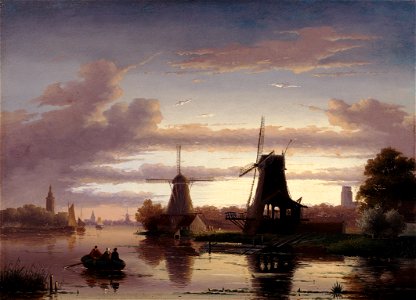 C.H.J. Leickert - Windmolens aan een waterweg bij maanlicht - E755 - Cultural Heritage Agency of the Netherlands Art Collection