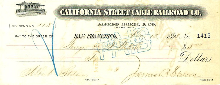 California Street Cable RR Scheck 1893
