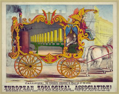 Calliope! The wonderful Operonicon or Steam Car of the Muses, as it appears in the gorgeous street pagent (sic) of the Great European Zoological Association! ... LCCN2004670398. Free illustration for personal and commercial use.
